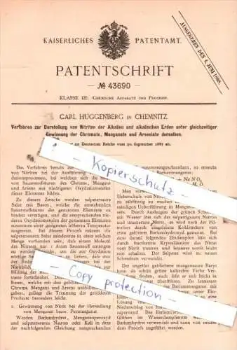 Original Patent  - Carl Huggenberg in Chemnitz , 1887 , Darstellung von Nitraten der Alkalien !!!