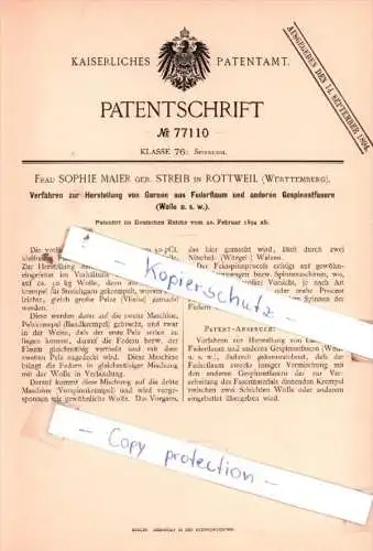 Original Patent  - Frau Sophie Maier geb. Streib in Rottweil , Württemberg , 1894 , Spinnerei !!!