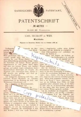 Original Patent  - Carl Teudloff in Wien , 1888 , Mischhahn !!!