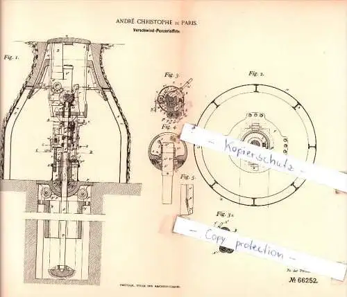 Original Patent  - Andrè Christophe in Paris , 1892 , Verschwind-Panzerlaffete !!!