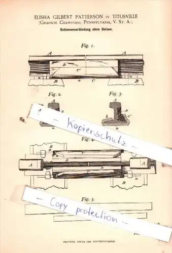 Original Patent  - Elisha Gilbert Patterson in Titusville , 1892 , Schienenverbindung ohne Bolzen !!!