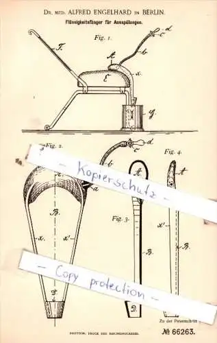 Original Patent  - Dr. med. A. Engelhard in Berlin , 1892 , Flüssigkeitsfänger für Ausspülungen !!!