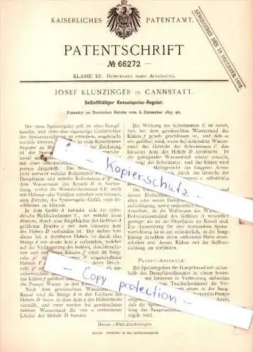 Original Patent  - Josef Klunzinger in Cannstatt , 1891 , Selbstthätiger Kesselspeise-Regeler !!!