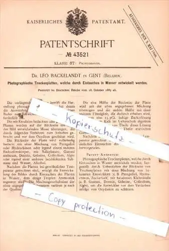 Original Patent  - Dr. Leo Backelandt in Gent , Belgien , 1887 , Photographie !!!