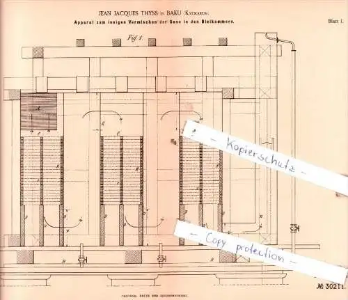 Original Patent  - Jean Jacques Thyss in Baku , Kaukasus , 1884 , Chemische Apparate !!!