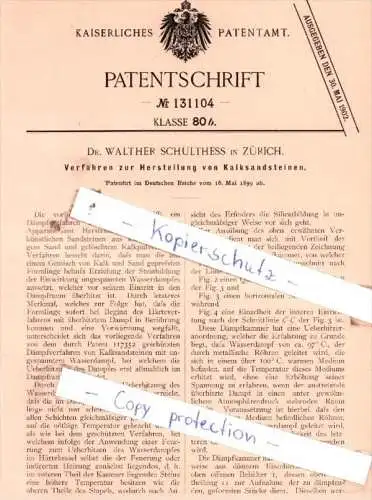 Original Patent  - Dr. Walther Schulthess in Zürich , 1899 , Herstellung von Kalksandsteinen !!!