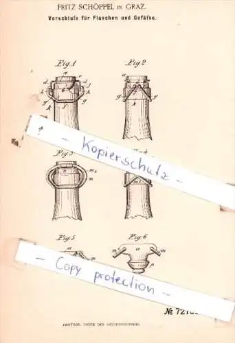 Original Patent  - Fritz Schöppel in Graz , 1893 , Verschluß für Flaschen und Gefäße !!!