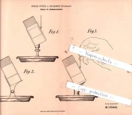 Original Patent  - Johan Störe in Drammen , Norwegen , 1901 ,  Ständer für Zündholzschachteln !!!