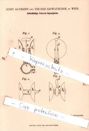 Original Patent  - J. Altmann und E. Kriwatschek in Wien , 1896 , Fahrrad-Signalglocke !!!