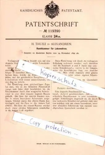 Original Patent  - H. Thuile in Alexandrien / Alexandria , 1899 ,  Rauchkammer für Lokomotiven !!!