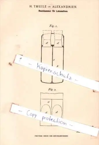 Original Patent  - H. Thuile in Alexandrien / Alexandria , 1899 ,  Rauchkammer für Lokomotiven !!!