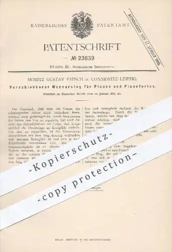 original Patent - M. G. Papsch , Connewitz / Leipzig  1883 , Verschiebbarer Mensursteg für Piano , Pianoforte , Klavier