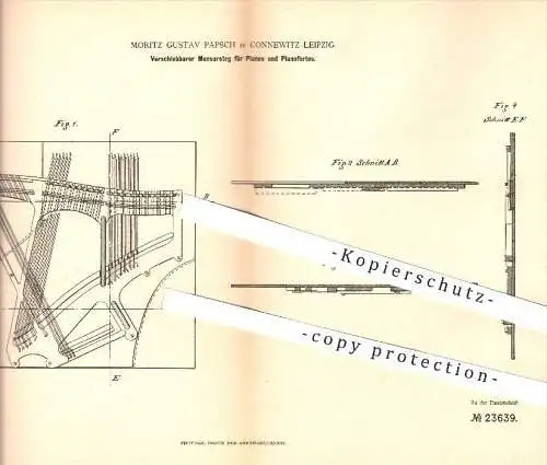 original Patent - M. G. Papsch , Connewitz / Leipzig  1883 , Verschiebbarer Mensursteg für Piano , Pianoforte , Klavier