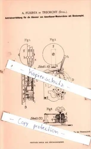 Original Patent  - A. Fuhrer in Treorchy , Engl. , 1902 , Amerikaner-Weckuhren mit Glockenspiel !!!