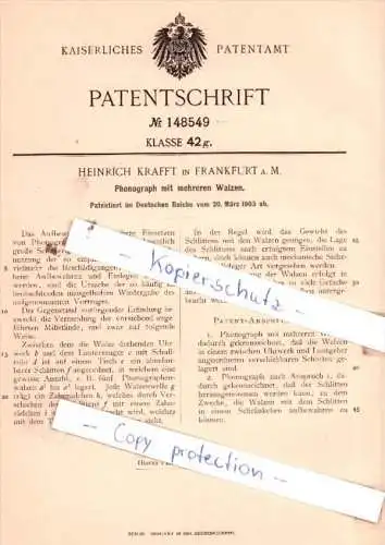 Original Patent  - Heinrich Krafft in Frankfurt a. M. , 1903 , Phonograph mit mehreren Walzen !!!