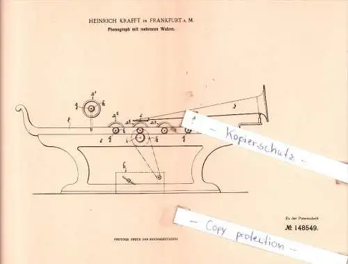 Original Patent  - Heinrich Krafft in Frankfurt a. M. , 1903 , Phonograph mit mehreren Walzen !!!