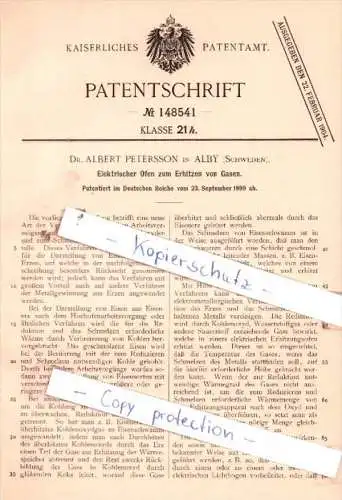 Original Patent  - Dr. Albert Petersson in Alby , Schweden , 1899 , Elektrischer Ofen !!!