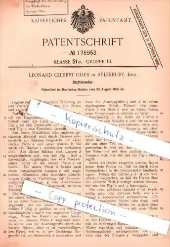 Original Patent  - Leonard Gilbert Giles in Aylesbury, Engl. , 1905 ,  Blattwender !!!