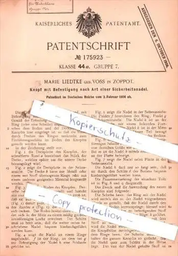 Original Patent  - Marie Liedtke geb. Voss in Zoppot , 1904 , Knopf mit Befestigung !!!