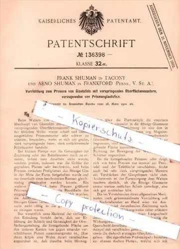 Original Patent  - F. Shuman in Tacony und A. Shuman in Frankford , 1901 ,  Glastafeln !!!