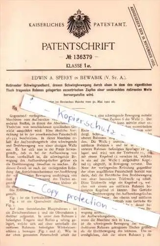 Original Patent  -  Edwin A. Sperry in Bewabik , V. St. A. , 1901 , Rotirender Schwingrundherd !!!