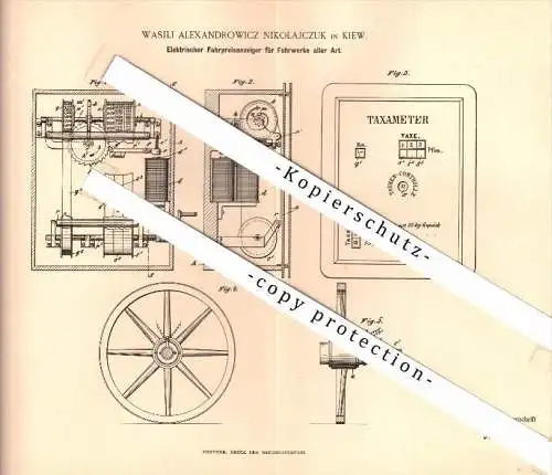 Original Patent - Wasili A. Nikolajczuk in Kiew / Russland , 1894 , Taxameter , elektrischer Fahrpreisanzeiger , Taxi !!