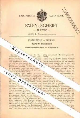 Original Patent - Franz Meier in Breslau , 1895 , Dämpfer für Blasinstrumente , Trompete , trumpet , Posaune , Tuba !!!