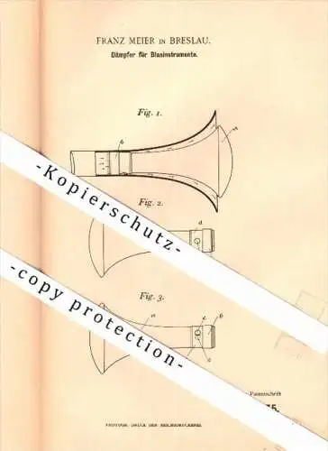 Original Patent - Franz Meier in Breslau , 1895 , Dämpfer für Blasinstrumente , Trompete , trumpet , Posaune , Tuba !!!