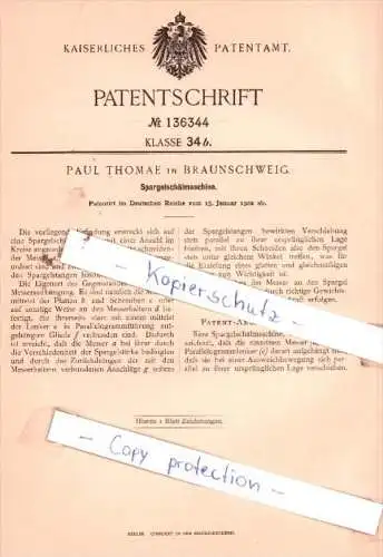 Original Patent  - Paul Thomae in Braunschweig , 1902 , Spargelschälmaschine !!!