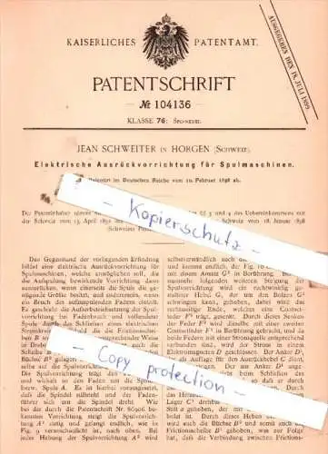 Original Patent  - Jean Schweiter in Horgen , Schweiz , 1898 , Spinnerei !!!