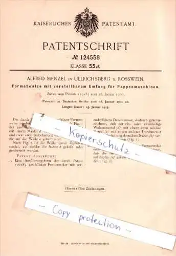 Original Patent  - Alfred Menzel in Ullrichsberg b. Rosswein , 1901 , Pappenmaschinen !!!