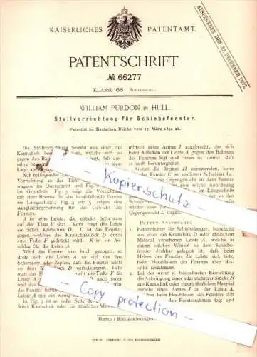 Original Patent  - William Purdon in Hull , 1892 , Stellvorrichtung für Schiebefenster !!!