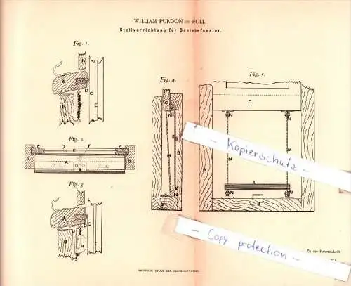 Original Patent  - William Purdon in Hull , 1892 , Stellvorrichtung für Schiebefenster !!!