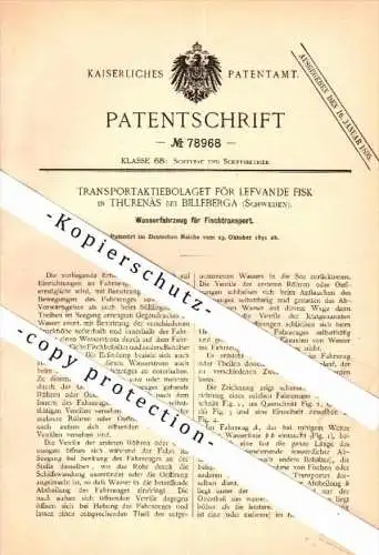 Original Patent - Transport för levande Fisk in Thurenäs b. Billeberga , 1891 , Boot für Fischtransport , Fisch Schweden