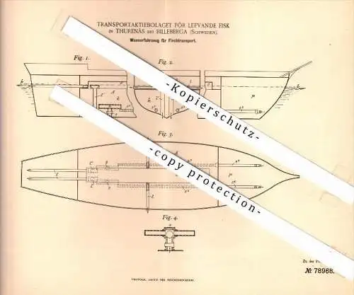 Original Patent - Transport för levande Fisk in Thurenäs b. Billeberga , 1891 , Boot für Fischtransport , Fisch Schweden