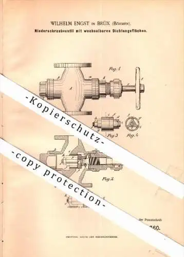 Original Patent - Wilhelm Engst in Brüx / Most i. Böhmen , 1892 , Niederschraubventil  , Maschinenbau !!!