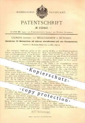 original Patent - Clemens Freiherr von Bechtolsheim , München , 1898 , Gummibecher für Melkmaschinen , Melken , Landwirt