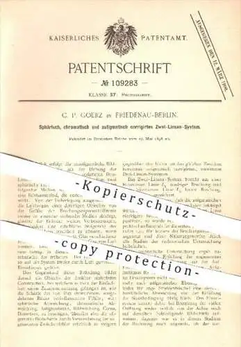 original Patent - C. P. Goerz , Berlin Friedenau 1898 , korrigiertes 2- Linsen - System , Fotograf , Fotografie , Kamera