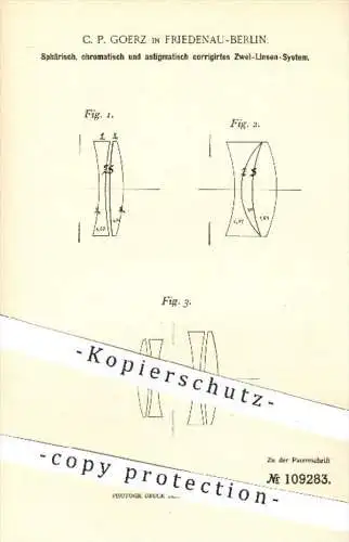 original Patent - C. P. Goerz , Berlin Friedenau 1898 , korrigiertes 2- Linsen - System , Fotograf , Fotografie , Kamera