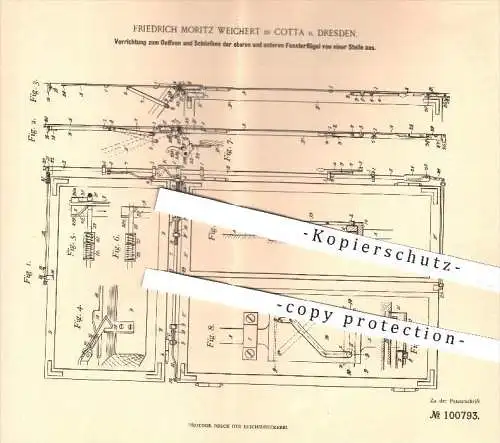 original Patent - F. M. Weichert , Cotta / Dresden , 1897 , Öffnen & Schließen oberer u. unterer Fensterflügel , Fenster