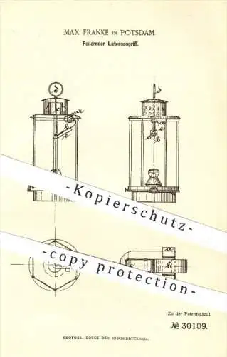 original Patent - Max Franke in Potsdam , 1884 , Federnder Laternengriff , Laternen , Beleuchtung , Lampen , Licht !!!