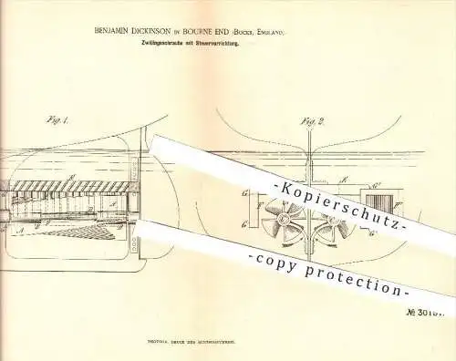 original Patent - B. Dickinson , Bourne End , Bucks , England , 1884 , Zwillingsschraube , Schiffsschraube , Schiffe !!!