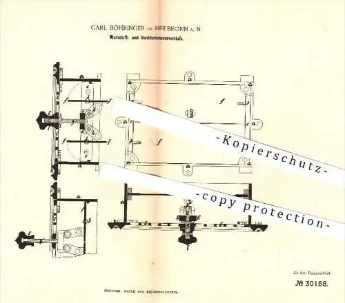 original Patent - Carl Böhringer in Heilbronn , 1884 , Warmluft- u. Ventilationsverschluss , Ventilation , Heizung !!!