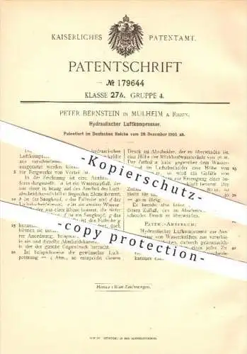 original Patent - Peter Bernstein , Mülheim / Rhein , 1905 , Hydraulischer Luftkompressor , Kompressor , Hydraulik !!!