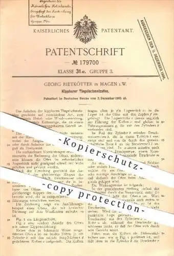 original Patent - Georg Rietkötter in Hagen , 1905 , Kippbarer Tiegelschmelzofen , Schmelzofen , Ofen , Öfen , Ofenbauer