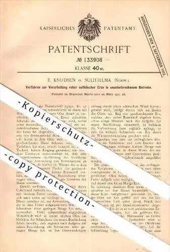 Original Patent - E. Knudsen i Sulitjelma , Norway , 1901 , Behandling av ra malm , gruvedrift ,  Fauske !!!