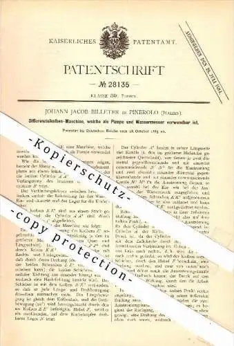 Original Patent - Johann Jacob Billeter in Pinerolo , Italia , 1883 , Macchina come contatore pompa e acqua !!!