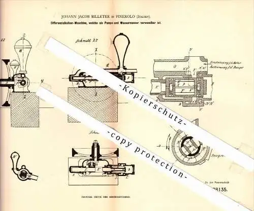 Original Patent - Johann Jacob Billeter in Pinerolo , Italia , 1883 , Macchina come contatore pompa e acqua !!!