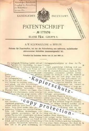 original Patent - A. W. Schwarzlose , Berlin , 1905 , Patrone für Feuerwaffen , Waffe , Waffen , Schusswaffe , Pulver !!