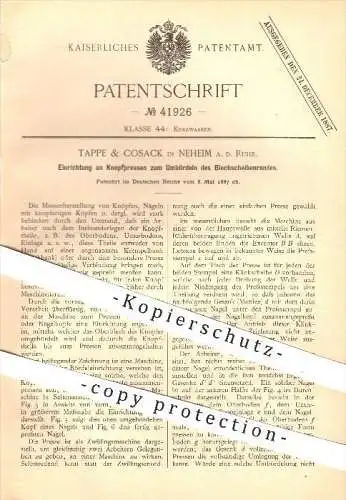 original Patent - Tappe & Cosack in Neheim / Ruhr , 1887 , Knopfpressen zum Umbördeln des Blechscheibenrandes , Knöpfe